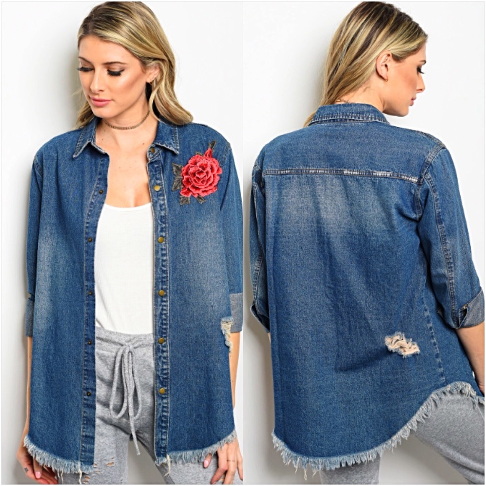 Distressed Denim Rose Patch Jacket Shirt SML